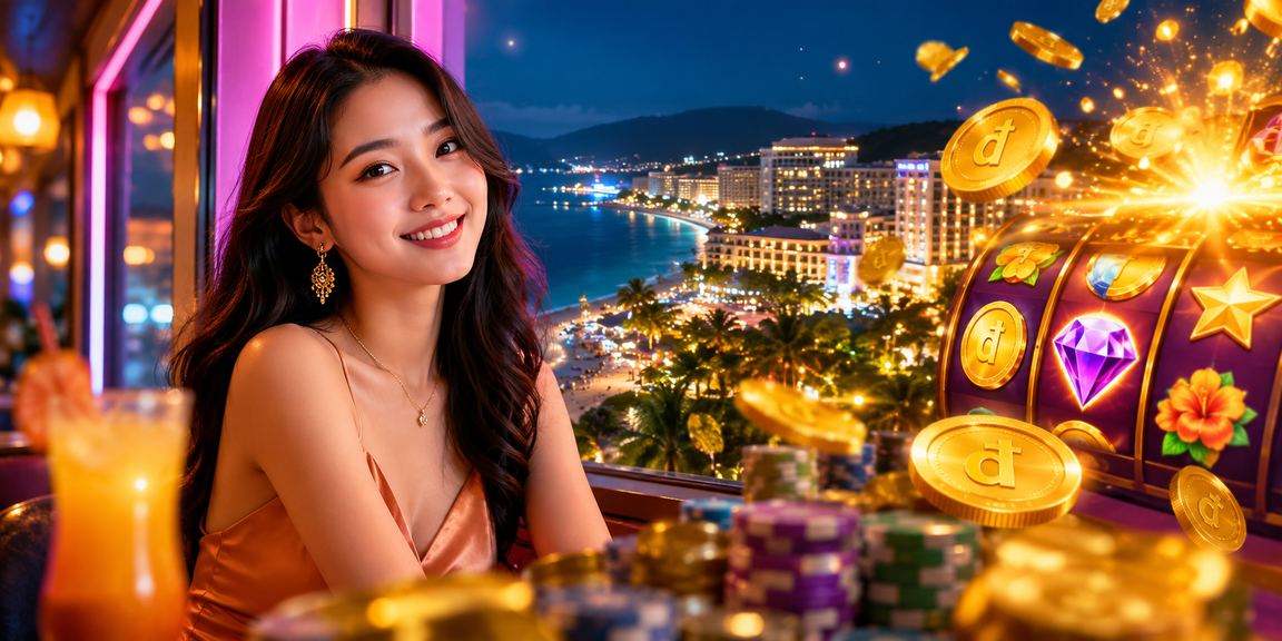 Người dùng tại Phú Quốc thư giãn với trò chơi slot và cà phê nhìn ra biển